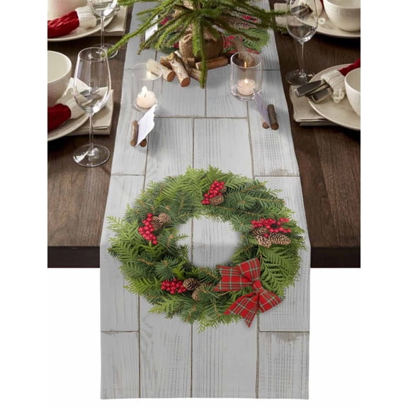 Christmas Table Runner Red Berry Pine Cone Wreath Table Runners Bow Tie Wooden Cotton Linen Dresser Scarf Kitchen Dining Table Decor for Christmas Holiday Party Decor 13x36 Inch