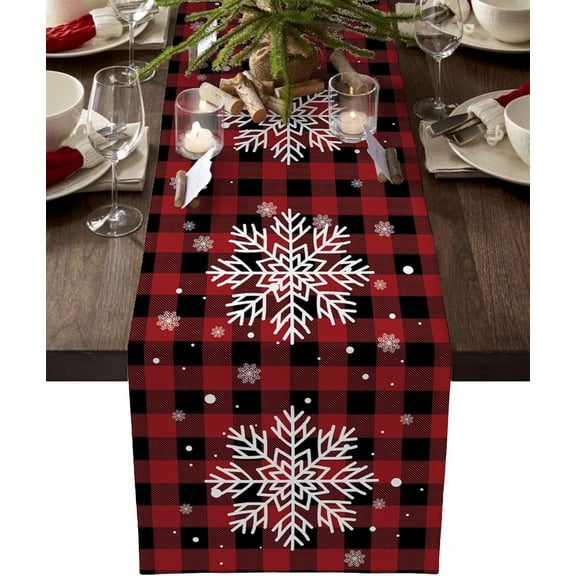 Christmas Table Runner-Red Black Buffalo Plaid Check Snowflake-Cotton Linen-Winter Dinner Scarf Décor,Long 72 Inch Holiday Dresser Scarves,Farmhouse Xmas Kitchen Dining Living Room Tablerunner