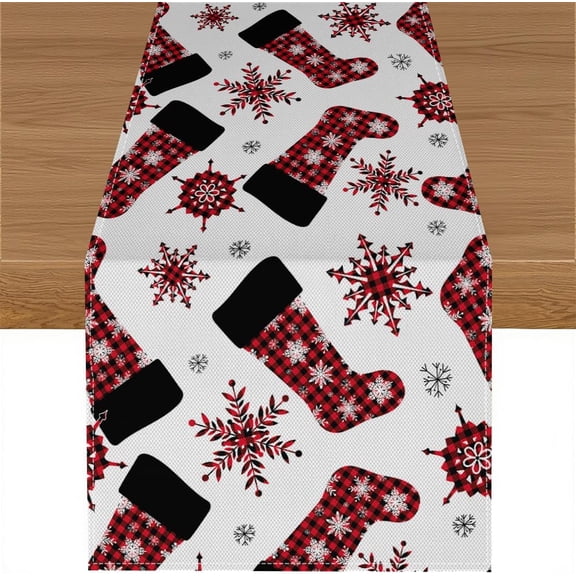 Christmas Table Runner, Red Candy Cane Xmas Gift Socks Snowflake Table Cloth Kitchen Dining Table Decoration for Home Party Decor 13x120 Inch