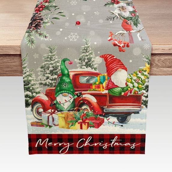 Christmas Table Runner, Red Cardinal Bird Snow Linen Table Runners, Rustic Xmas Truck Gnome Table Cloth Runner for Wedding Party Holiday Kitchen Dining Home Everyday Decor 13"X72"