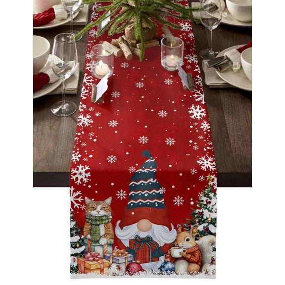 Christmas Table Runner Red Gnome Xmas Tree Table Runners Snowflake Squirrel Cat Cotton Linen Dresser Scarf Kitchen Dining Table Decor for Christmas Holiday Party Decor 13x36 Inch