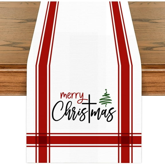 Christmas Table Runner Red Stripes Green Pine Tree Xmas Winter Holiday Kitchen Dining Table Decoration for Home Seasonal Party Decor 13x48 Inch