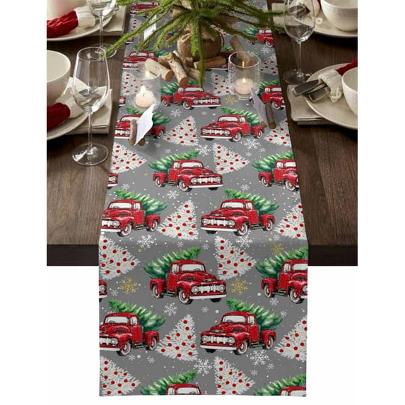 Christmas Table Runner Red Truck Christmas Tree Table Runners Winter Snowflakes Grey Cotton Linen Dresser Scarf Kitchen Dining Table Decor for Christmas Holiday Party Decor 13x36 Inch