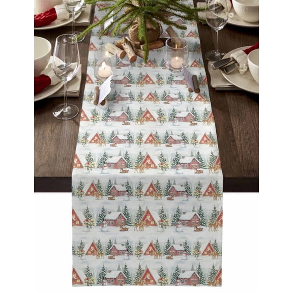 Christmas Table Runner Reindeer Snowman Xmas Tree Table Runners Red Farmhouse Snow Cotton Linen Dresser Scarf Kitchen Dining Table Decor for Christmas Holiday Party Decor 13x36 Inch