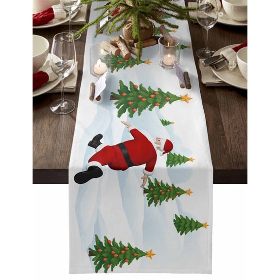 Christmas Table Runner Santa Claus Running on The Snowfield Table Runners Funny Xmas Tree Cotton Linen Dresser Scarf Kitchen Dining Table Decor for Christmas Holiday Party Decor 13x36 Inch