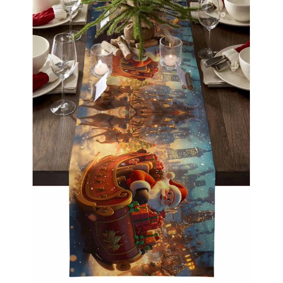 Christmas Table Runner Santa Claus Sleigh Reindeer Table Runners Winter Landscape at Night Cotton Linen Dresser Scarf Kitchen Dining Table Decor for Christmas Holiday Party Decor 13x90 Inch