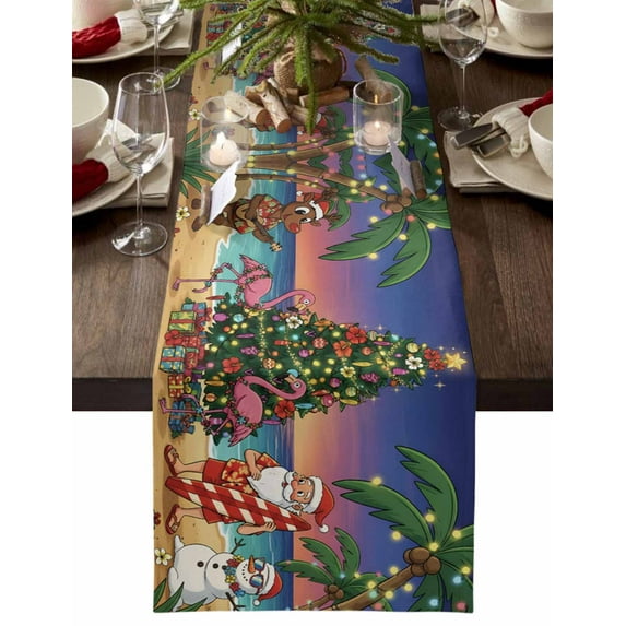 Christmas Table Runner Santa Claus Table Runners Christmas Tree Beach Flamigo Cotton Linen Dresser Scarf Kitchen Dining Table Decor for Christmas Holiday Party Decor 13x90 Inch