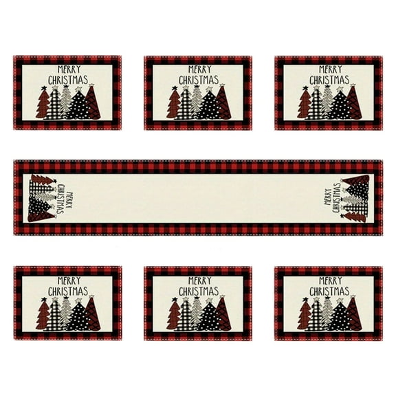 Christmas Table Runner Set with 6 Xmas Placemats, 13X72In Long Christmas Table Cloth, Christmas Theme Dinning Table Decor, Kitchen Centerpiece Runner for Xmas (White)