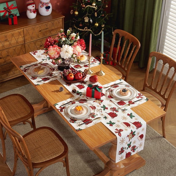 Christmas Table Runner Set - Heavyweight Poly Cotton Digital Print Holiday Tablecloth with Matching Placemats, Xmas Bed Scarf & Dining Decor for Restaurants/Bulk Orders