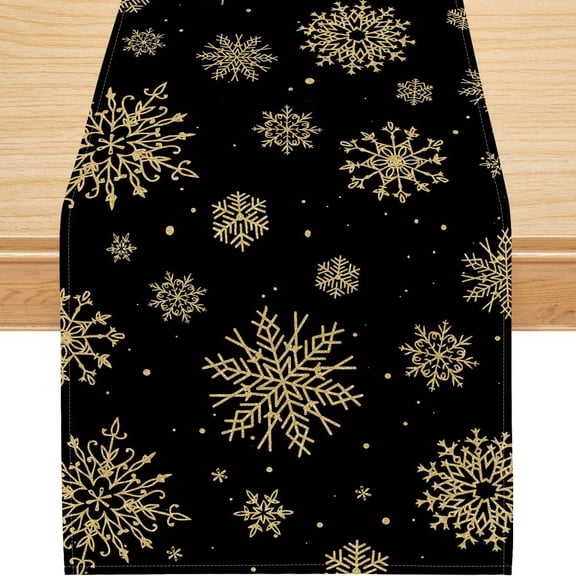 Christmas Table Runner, Snowflake Decorations Black Gold Christmas Runner for Table Seasonal Chriatmas Winter Holiday Decor for Indoor Outdoor Dining Table Decorations (13'''' x 72'''')