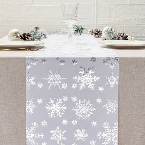 Christmas Table Runner Snowflake Design Hot Velvet Polyester Holiday Tablecloth for Dining Table Party Decor(White)