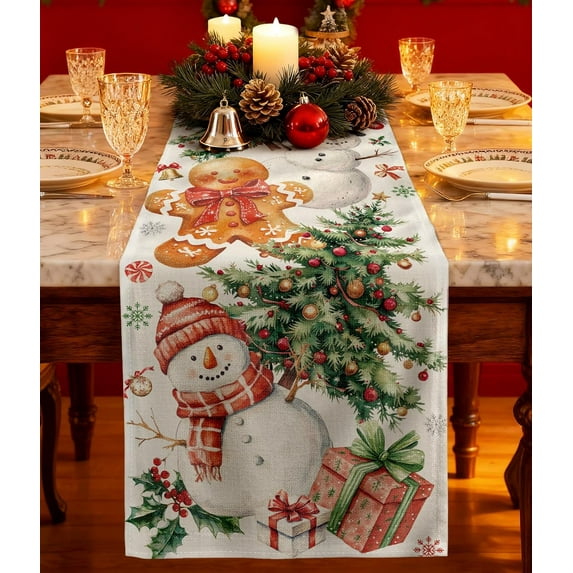 Christmas Table Runner Snowman - 13x90 Gingerbread Christmas Table Runner with Holly Pine Christmas Tree Winter Decor, Vintage Xmas Winter Decoration for Home Kitchen Dinner Party