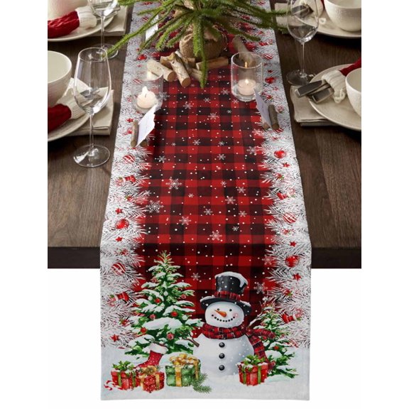 Christmas Table Runner Snowman Christmas Tree Balls Table Runners Snowflake Socks Red Buffalo Plaid Cotton Linen Dresser Scarf Kitchen Dining Table Decor for Christmas Holiday Party Decor 13x72 Inch