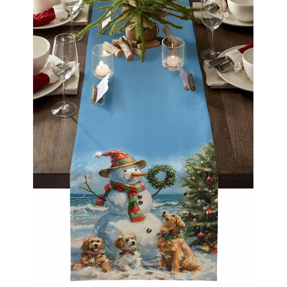 Christmas Table Runner Snowman Dogs Christmas Tree Table Runners Holly Berry Wreath Cotton Linen Dresser Scarf Kitchen Dining Table Decor for Christmas Holiday Party Decor 13x90 Inch