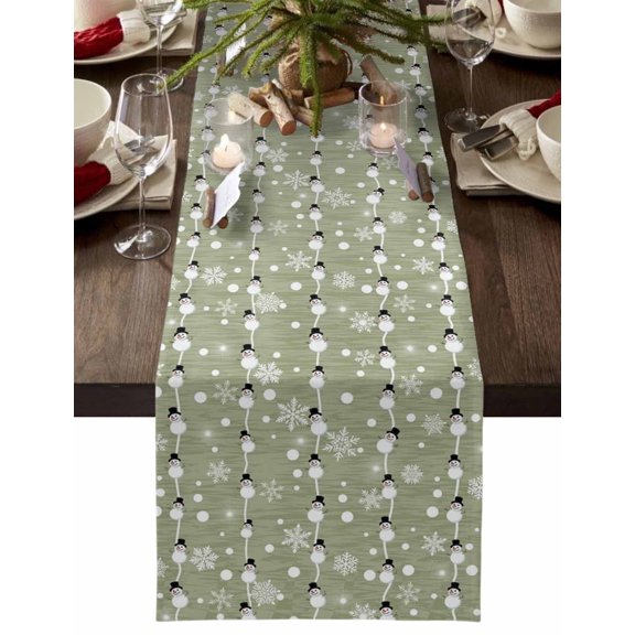 Christmas Table Runner Snowman Lines Table Runners Winter Snowflake Sage Green Cotton Linen Dresser Scarf Kitchen Dining Table Decor for Christmas Holiday Party Decor 13x36 Inch