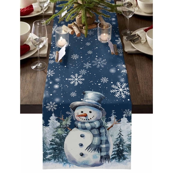 Christmas Table Runner Snowman Pine Tree Table Runners Navy Blue Snowflake Forest Cotton Linen Dresser Scarf Kitchen Dining Table Decor for Christmas Holiday Party Decor 13x36 Inch