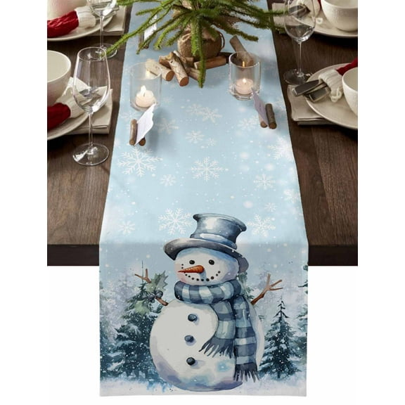 Christmas Table Runner Snowman Pine Tree Table Runners Snowflake Forest Blue Cotton Linen Dresser Scarf Kitchen Dining Table Decor for Christmas Holiday Party Decor 13x36 Inch
