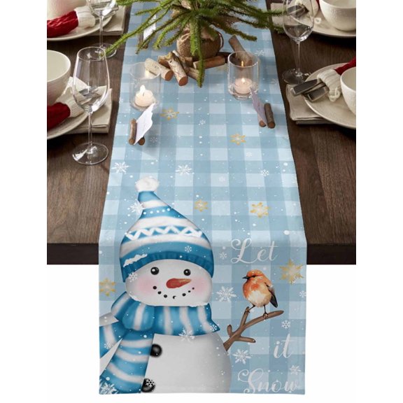 Christmas Table Runner Snowman Table Runners Bird Snowflake Blue Plaid Cotton Linen Dresser Scarf Kitchen Dining Table Decor for Christmas Holiday Party Decor 13x36 Inch