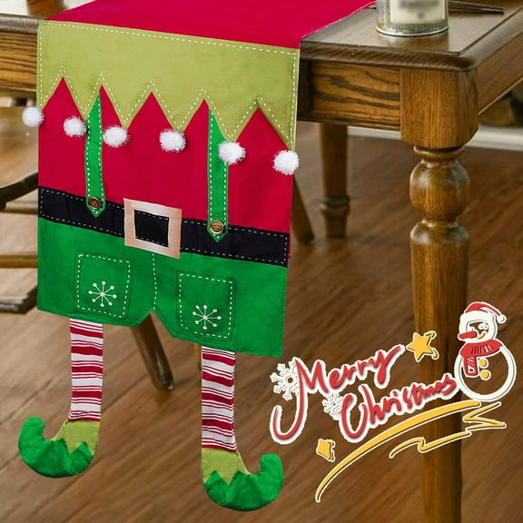 Christmas Table Runner Tablecloth for Home Decorations, Hanging Long Elf Legs Pom-Pom Table Cloth Runner for Holiday Party, 13*71 inch