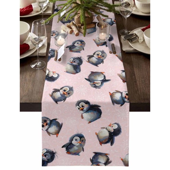 Christmas Table Runner Watercolor Penguin Table Runners Snowflakes Pink Cotton Linen Dresser Scarf Kitchen Dining Table Decor for Christmas Holiday Party Decor 13x36 Inch