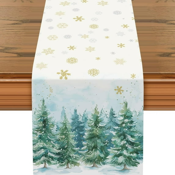 Christmas Table Runner Watercolor Snow Tree, Xmas Table Decorations 13x72 Inch, Beige Pine Tree Snowflake Merry Christmas Table Runner, for Christmas Table Centrepiece, Indoor Outdoor Home Party