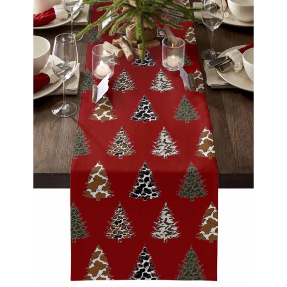 Christmas Table Runner Western Christmas Tree Table Runners Christmas Cow Texture Red Cotton Linen Dresser Scarf Kitchen Dining Table Decor for Christmas Holiday Party Decor 13x72 Inch