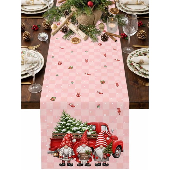 Dc Runner Christmas Table Runner,Winter Gnomes Truck Pine Trees Gift Pink Check ...