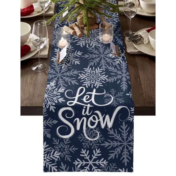 Christmas Table Runner Winter Snowflake Table Runners Navy Blue Snow Cotton Linen Dresser Scarf Kitchen Dining Table Decor for Christmas Holiday Party Decor 13x90 Inch