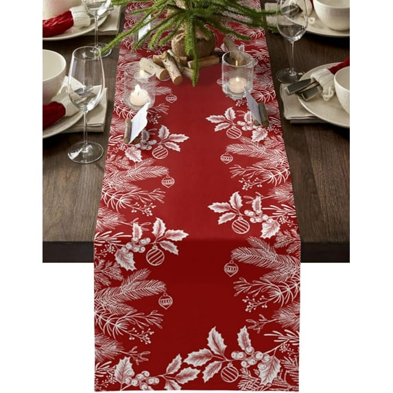Christmas Table Runner Xmas Ball Pine Branches Berry Table Runners Dresser Scarves Red Tabletop Cover Decorative Runners for Dinner Parties, Winter Holidays Christmas Table Decorations, 13x90 inches