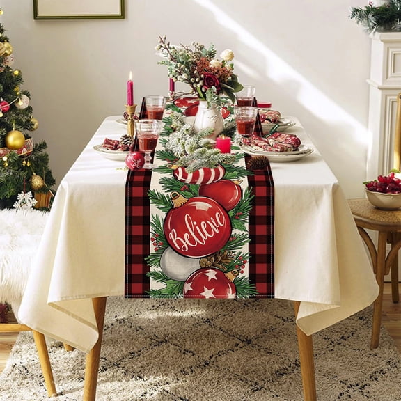 Christmas Table Runner - Xmas Balls Flowers Red Buffalo Plaid Check Winter Holiday Decorative Farmhouse Table Decorations For Kitchen Dinning Indoor Outdoor Dinner Party Decor 13x72 Inch