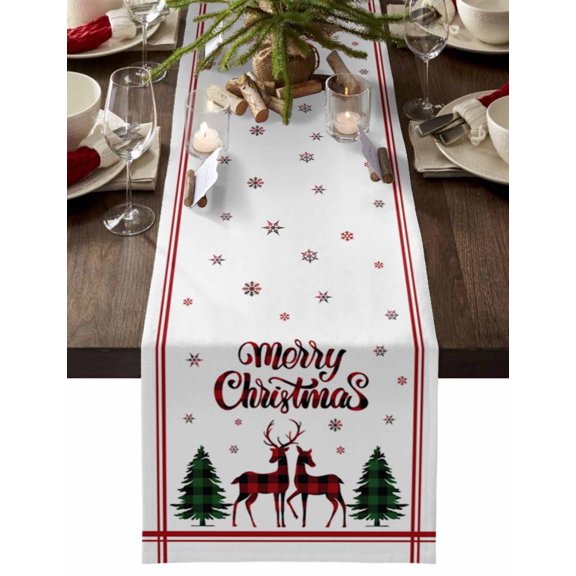 Christmas Table Runner Xmas Buffalo Plaid Check Elk Table Runners Deer Reindeer Holly Tree Cotton Linen Dresser Scarf Kitchen Dining Table Decor for Christmas Holiday Party Decor 13x36 Inch