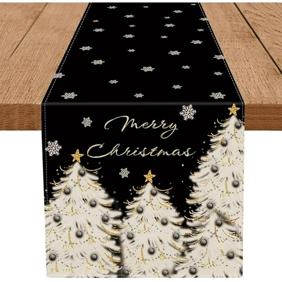 Christmas Table Runner Xmas Golden Tree Star Snowflake Black Merry Christmas 13 x 48 Inch Long Runners Winter Holiday Home Kitchen Table Decor