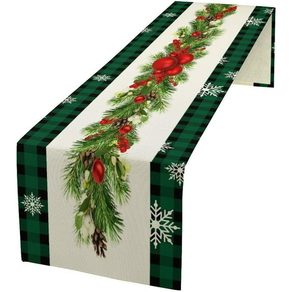 Christmas Table Runner Xmas Holiday Snowflake Green Check Plaid Pattern Table Runner Table Cloth Decoration Dresser Garden Farmhouse Wedding Party Vacation Dinner Home 13x48 inches