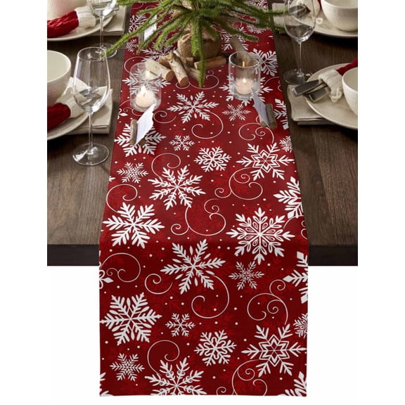 Christmas Table Runner Xmas Snowflake Table Runners Red Winter Snow Cotton Linen Dresser Scarf Kitchen Dining Table Decor for Christmas Holiday Party Decor 13x36 Inch