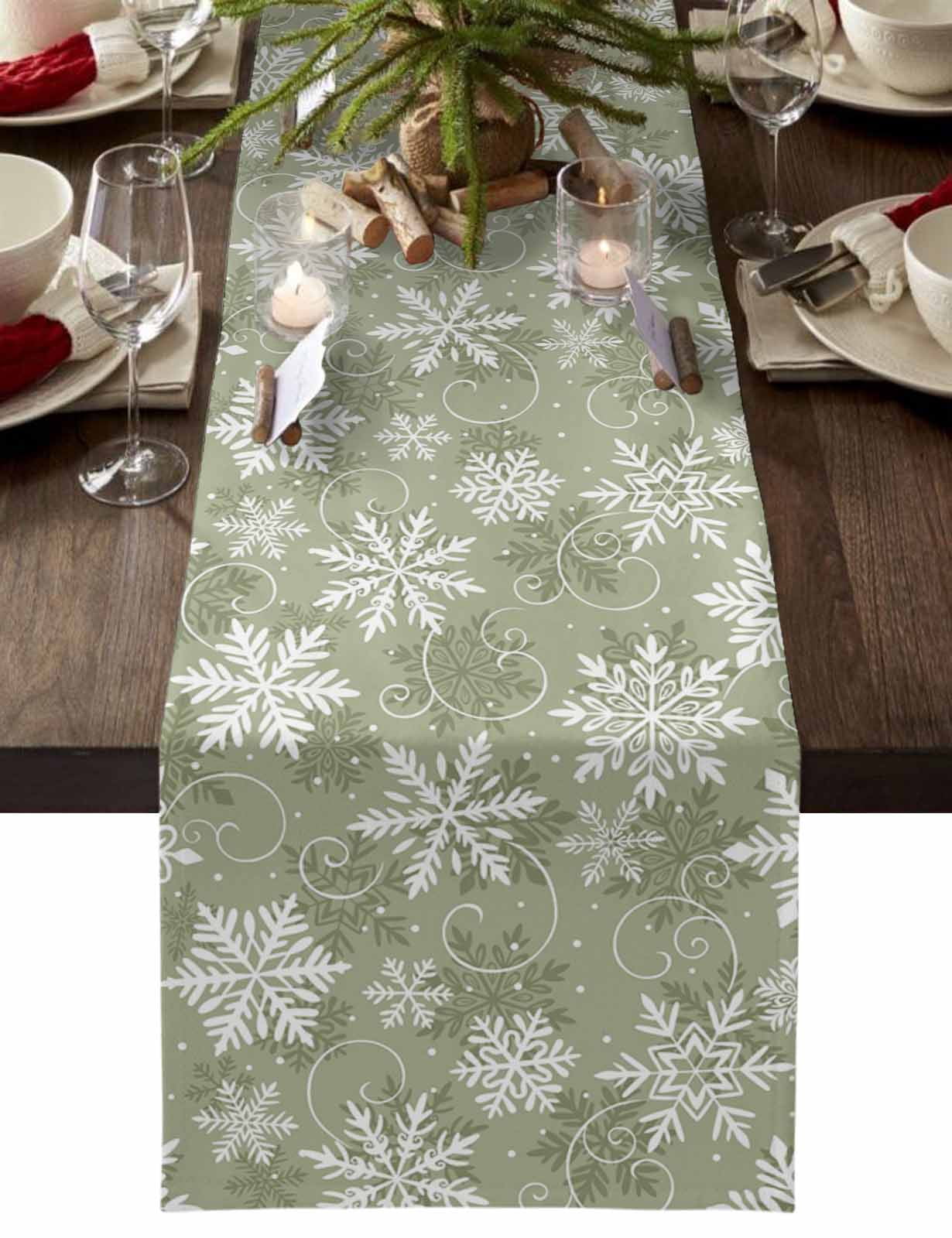 Snow Table Runner Christmas Table Runner Xmas Snowflake Table Runners Sage Green Winter ...