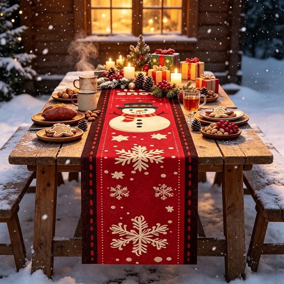 Christmas Table Runner, Xmas Table Scarf, Linen Snowman and Snowflakes Design with Printed Seasonal Detailing for Holiday Meals and Seasonal Parties, Red, 13.0 x 72.0 in
