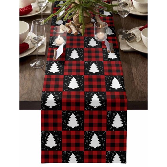 Christmas Table Runner Xmas Tree Snowflake Table Runners Red Black Buffalo Plaid Check Cotton Linen Dresser Scarf Kitchen Dining Table Decor for Christmas Holiday Party Decor 13x36 Inch