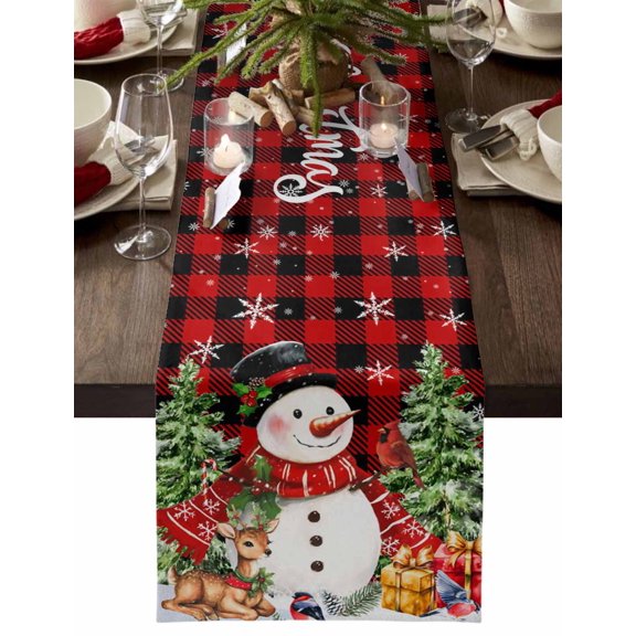 Christmas Table Runner Xmas Tree Snowman Table Runners Deer Cardinal Bird Snowflake Red Buffalo Plaid Cotton Linen Dresser Scarf Kitchen Dining Table Decor for Christmas Party Decor 13x36 Inch