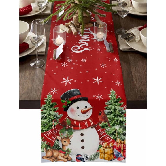 Christmas Table Runner Xmas Tree Snowman Table Runners Deer Cardinal Bird Snowflake Red Cotton Linen Dresser Scarf Kitchen Dining Table Decor for Christmas Holiday Party Decor 13x36 Inch