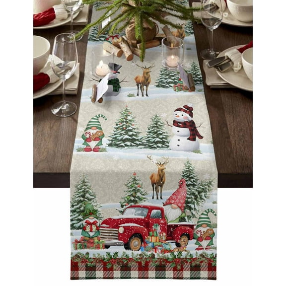 Christmas Table Runner Xmas TreesGnome Table Runners Balls Berry Red Green Plaid Cotton Linen Dresser Scarf Kitchen Dining Table Decor for Christmas Holiday Party Decor 13x36 Inch