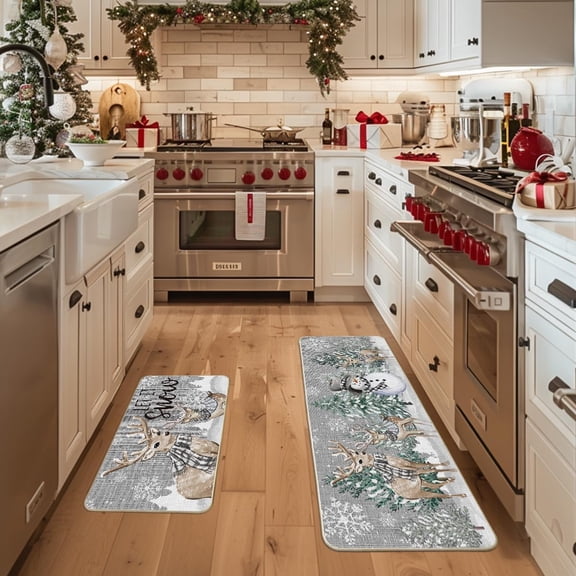 Christmas Table Runner and Kitchen Mats Set with Deer Tree Snowflakes Reindeer Pine Cone Leaves Design for Holiday Dining Decor