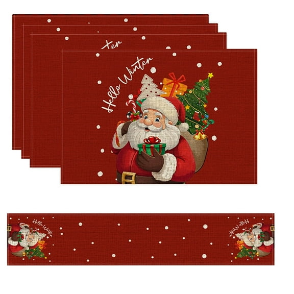Christmas Table Runner and Placemats Set – Include 1pc Table Flag and 4pcs Placemats with Santa, Tree and Snowflake Prints for Holiday Dining Decor