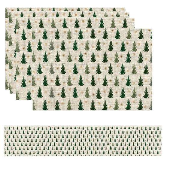 Christmas Table Runner and Placemats Set – Include 1pc Table Flag and 4pcs Placemats with Santa, Tree and Snowflake Prints for Holiday Dining Decor