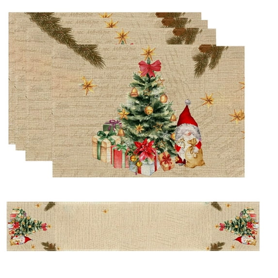 Christmas Table Runner and Placemats Set – Include 1pc Table Flag and 4pcs Placemats with Santa, Tree and Snowflake Prints for Holiday Dining Decor
