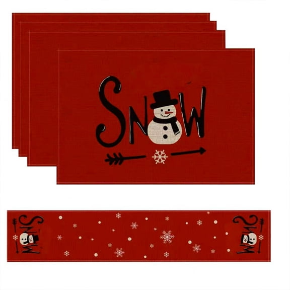 Christmas Table Runner and Placemats Set – Include 1pc Table Flag and 4pcs Placemats with Santa, Tree and Snowflake Prints for Holiday Dining Decor