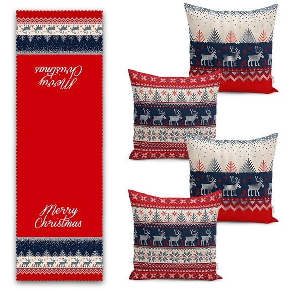 Christmas Table Runner and Throw Pillow Covers 5-Piece Set Holiday Dining or Living Room Decor