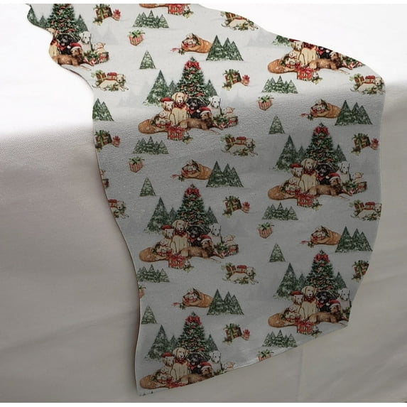 Christmas Table Runner by Penny's Needful Things (4 Feet Long - SCALLOPED) (Christmas Dogs & Puppies)