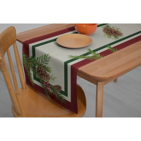 Wear Sierra Table Runner, Classic Red and Green Pinecone Holiday Dining Table Decor, Polyester, 59 x 17 Inch for Kitchen and Dining Room