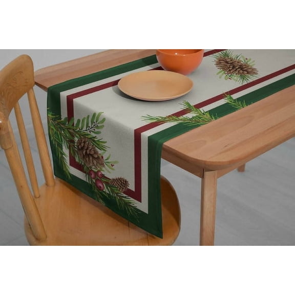 Christmas Table Runner Classic Red and Green Pinecone Greenery Polyester Holiday Dining Decor