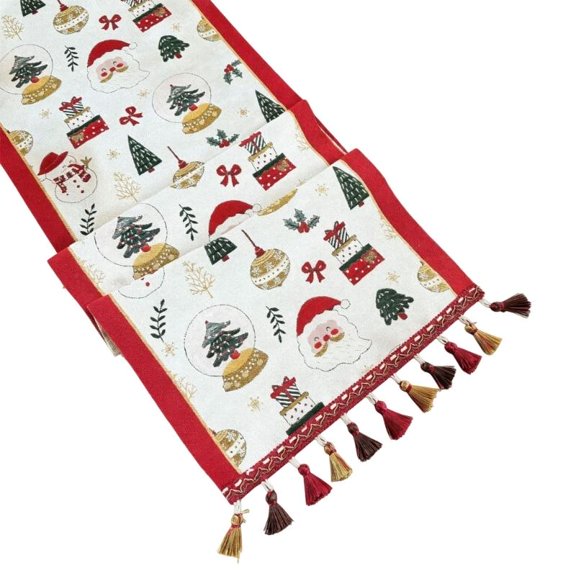 Christmas Table Runner with Edge Trim, Polyester Fabric Holiday Accent for Dining Tables, Sideboards and Entry Tables